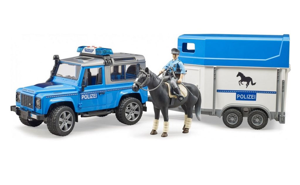 Bruder 02588 Policejní Land Rover Defender, přívěs pro koně, kůň a policista