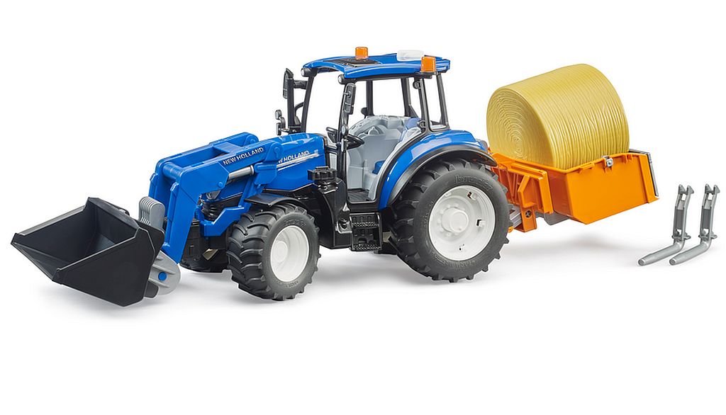 BRUDER 02187 New Holland T5.120 + čelní nakladač s korbou a vidlemi