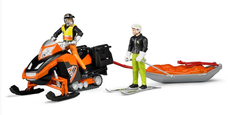 Bruder 63100 Sněžný skútr se záchranářskými sáněmi a figurka jezdce na lyžích