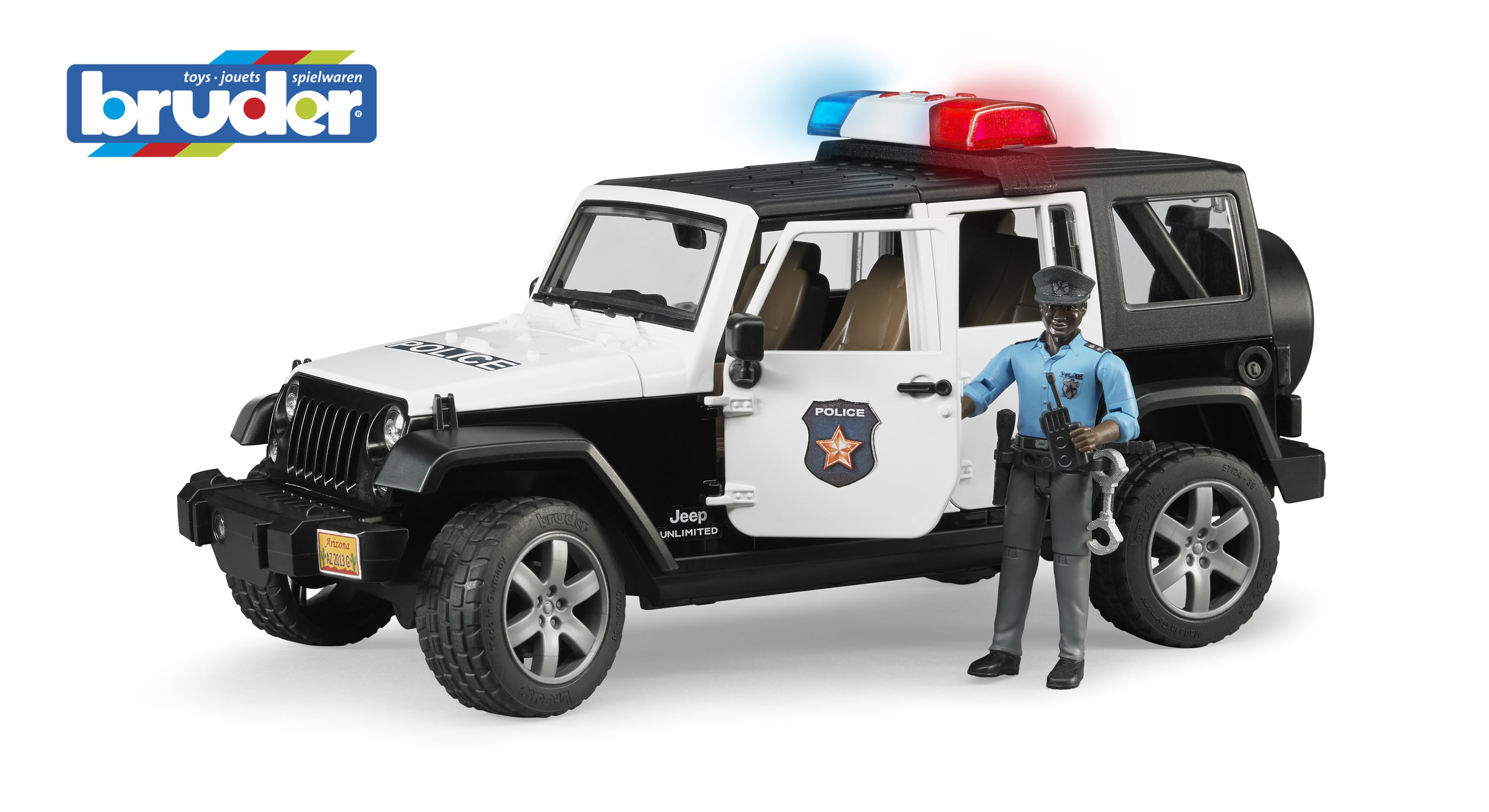 Bruder 02527 JEEP WRANGLER Rubicon Policie s figurkou (snědá pleť)